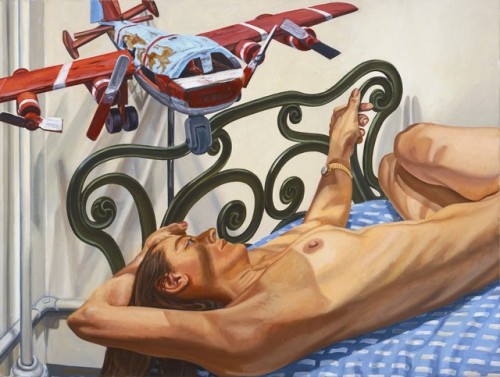 Model on Cast Iron Bed with Weathervane Airplane II - Philip Pearlstein, 2005American,b.1924-Oil on 