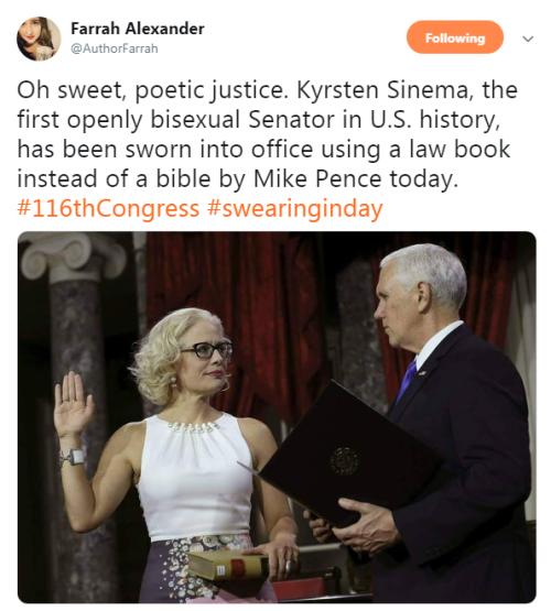 profeminist: “Oh sweet, poetic justice. Kyrsten Sinema, the first openly bisexual Senator in U