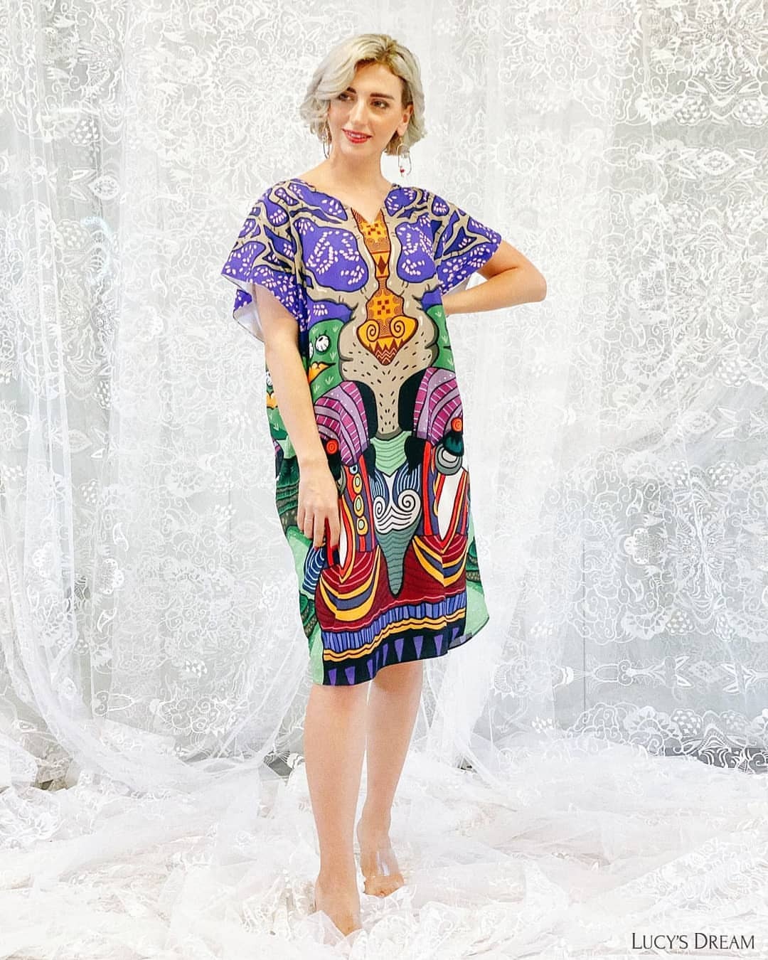 Blissfully comfortable Silk Dress - Eye-catching Artwork with a burst ...