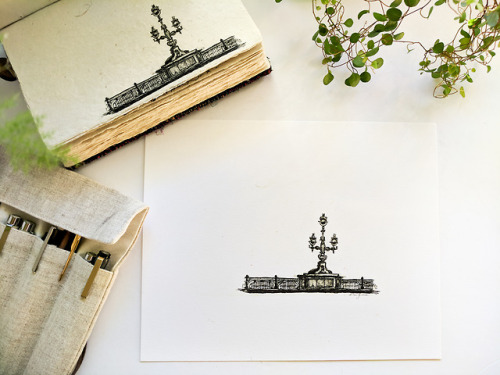 Ink drawing of Trinity Bridge in St. Petersburg, Russia, original and print