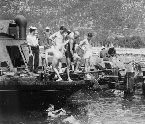 vintagemusclemen:British sailors bathing at Corfu, World War I.