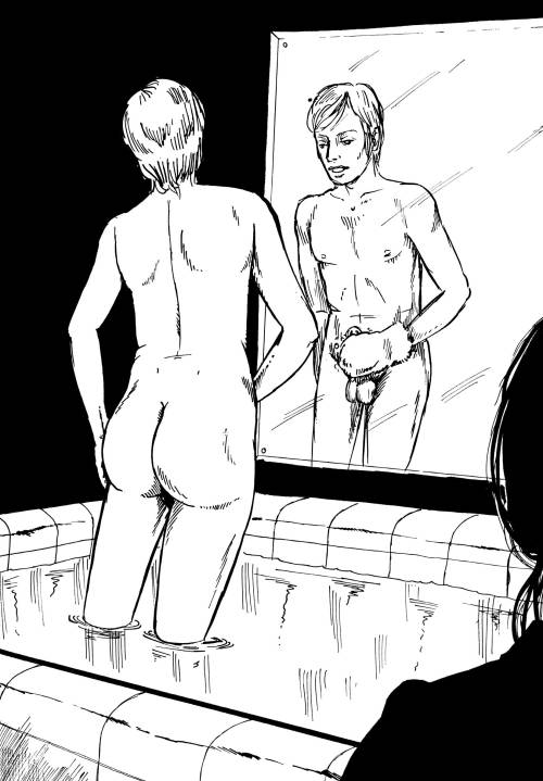 agracier:  illustration from a sex novel …   I always enjoy jerking off in front of mirror.He’s got a nice big bottom, too.Looks like someone is watching him, a female…I’d love to read this sex novel.
