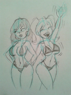 mdfive-art:  New sketch!Here we have both Brittany and Sandi in bikinis, looking nice. Britt is cheerful, while Sandi… isn’t.