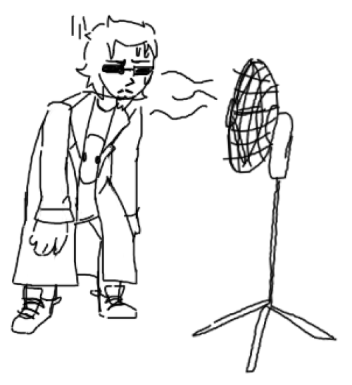 postal 2 dude standing in front of a fan, sweating and looking miserable. he still has his trench coat and pants on, though.