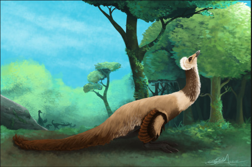 An image of Rativates, aka Animal E, a very birdlike dinosaur, by Jack Wood. It is a large animal, sitting in a forest. It is tan and brown in color, with a very long tail and a long neck. It has a small head. The tail is brown, the body is tan, and it has a white stripe at the base of its neck. The neck is brown, ending in a small tan head with a white ruff of feathers at the back of the head. Its arms are wing-like, with lots of complex feathers coming off of the arms. The feathers are brown and dark brown and tan. It has two legs, which are covered in grey scales.