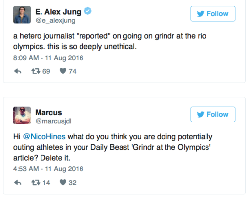 asynca:  micdotcom:  Early on Thursday, The Daily Beast published an article by London editor Nico Hines in which he “reported” on his use of Grindr at the 2016 Rio Olympics. Hines is a straight man, and the article is an unethical mess.  Hines, who