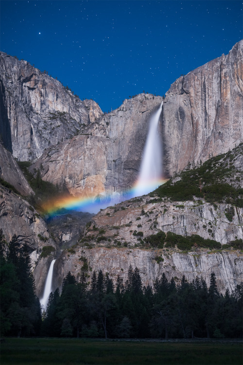oneshotolive: Moonbow (lunar rainbow) over the base of Yosemite Falls in California [OC] [1333x2000]