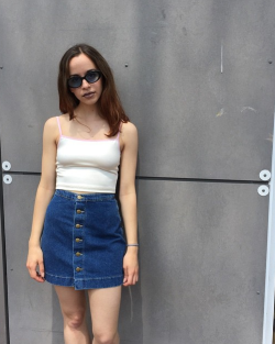 americanapparel:  Taylor from our New Haven store is wearing the #NewAndNow Disco Tank and The Button Front Denim A Line Skirt