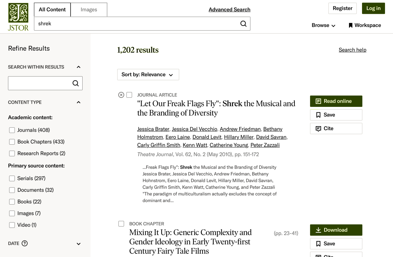 a JSTOR.org search for "shrek" displaying 1,202 results