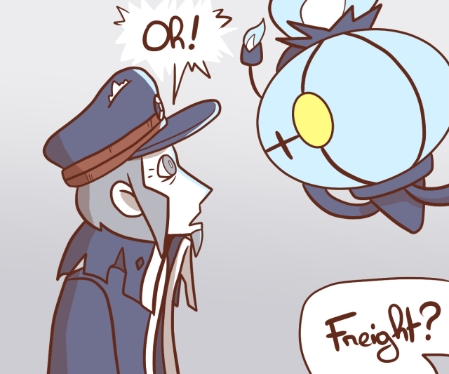 PLA Ingo and the chandelure are face to face, and Ingo's face is tainted by its blue light. PLA Ingo exclaims "Oh!" in surprise while BW Ingo says "Freight" offscreen. Freight being the name of the chandelure.