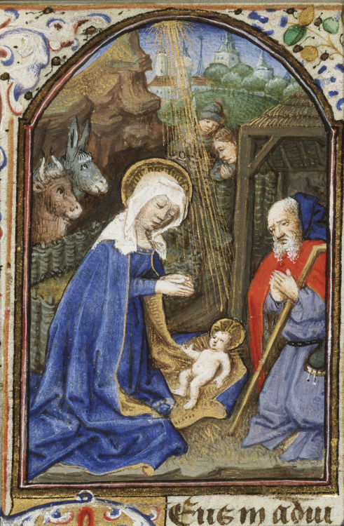 The Nativity: The Adoration of the Christ Child by Mary and Joseph (miniature from folio 066r from t