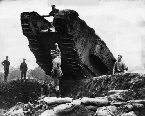 A tank attempts to enter a trench at the Battle of Cambrai, late 1917. The battle was the first time