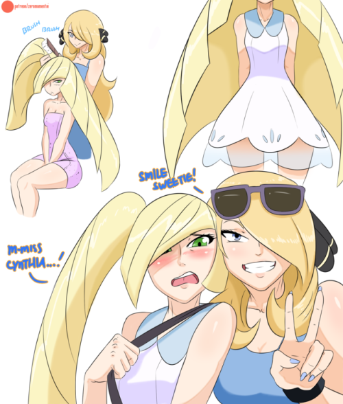 zeromomentaii:    Cynthia & Lusamine fun.  Cynthia’s gunna show Lusamine how to be a good mom. These two are fun to draw together.   Support on Patreon for more content.  Patreon  @slbtumblng look at these cuties~!!! <3 <3 <3 <3