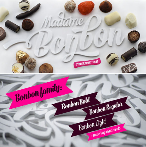 Bonbon - Script Font Family Bonbon is a lively script desktop type family designed in 2013 by Emil Karl Bertell (Font Publisher: Fenotype). The font family consists of three weights (Light, Regular, Bold) plus a set of matching ornaments for each...