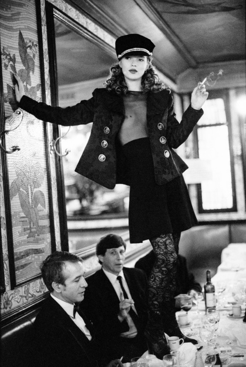 runawayerotica:lelaid: Kate Moss by Arthur Elgort, Cafe Lipp, Paris, 1993