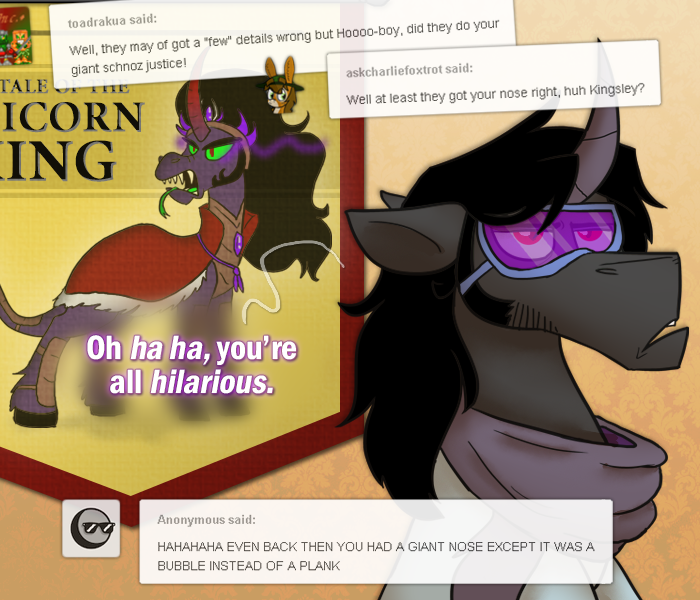 ask-king-sombra:  CONCEAL DON’T FEEL((Featuring satine-pony and ask-mystic-omen!))