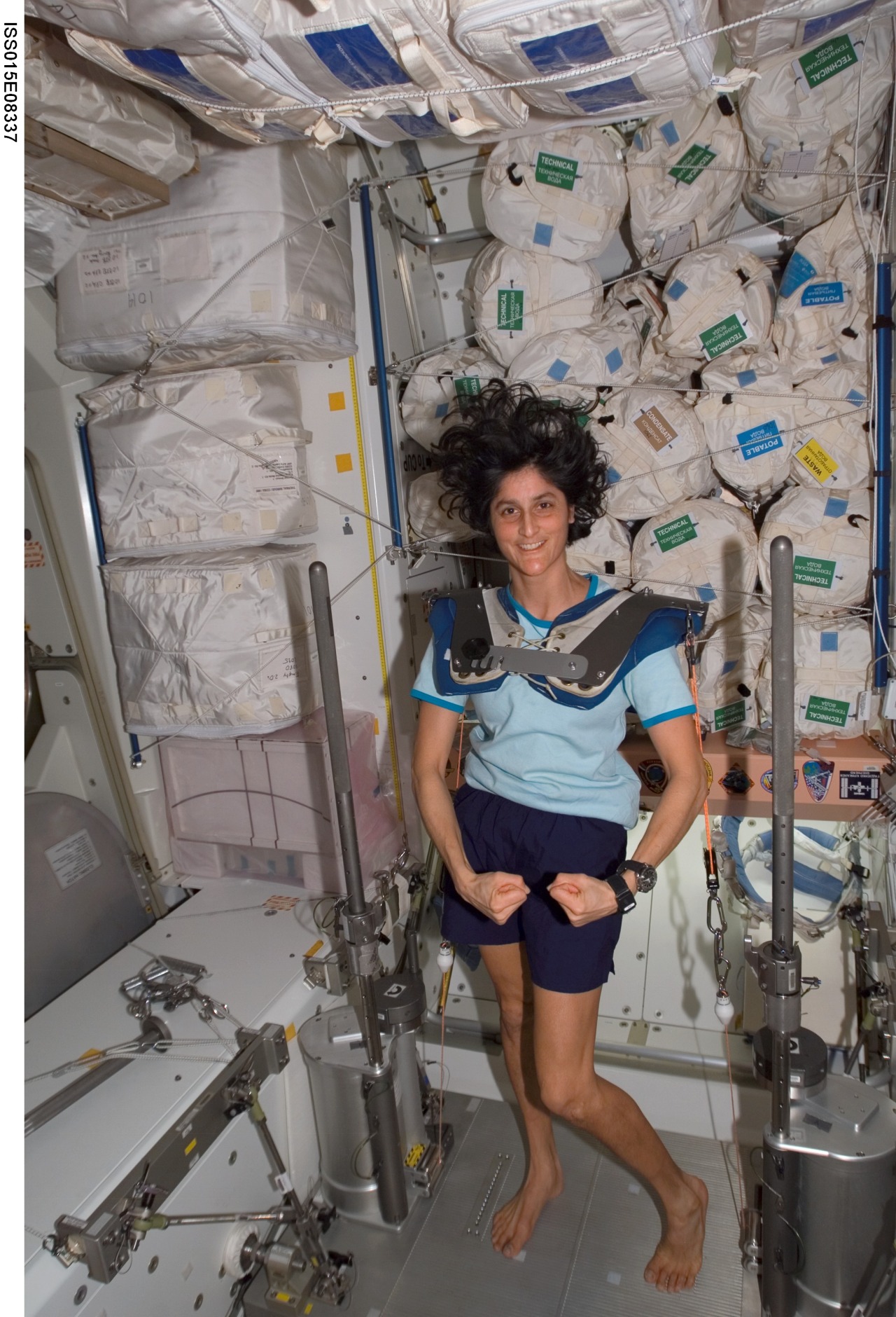 Astronaut Sunita Williams flexes her arm muscles as she uses a resistive exercise device on the International Space Station. She wears what looks like football shoulder pads, which have cables connecting them to the device. Credit: NASA