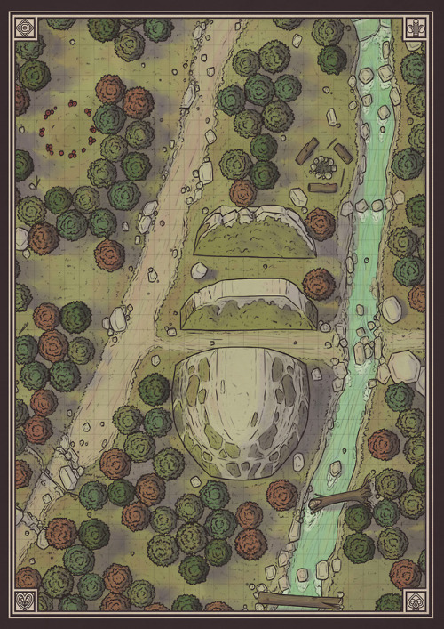 crossheadstudios:  Three excerpts from my forest battlemap project.  The first one is a mountain track with a small brook. I wanted to focus on adding minor elements that could be used by the DM to engage his players. The largest of them all is the split