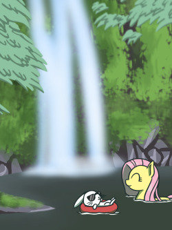 flutterluv:  Fluttershy along with angel hiked up the mountain and enjoyed the waterfall.  =3