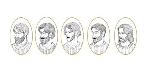 The Edlings of Orkney and Gododdin.L-R: Gawain, Agravaine, Gaheris, Gareth, Mordred.
