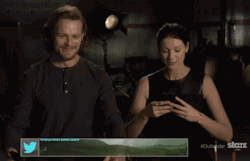 nero-in-a-petticoat:Anyone else notice how Sam is cracking up immediately, before Caitriona even gets 2 syllables out?Dude, nice save with the serious face, so adorkable.x