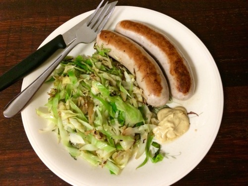 German bratwurst with mustard + cabbage