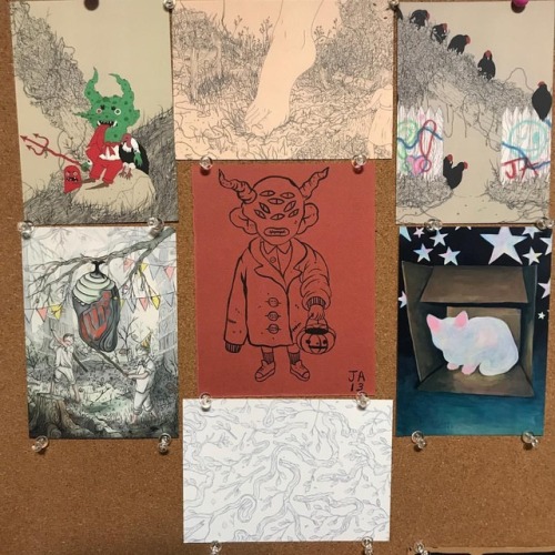 jennaandersenart:@erikwible ‘s bulletin board of my postcards and an original drawing! #art #i