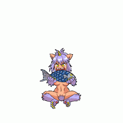 Game sprite of the nekomimi cat girl eating a fish, surely you