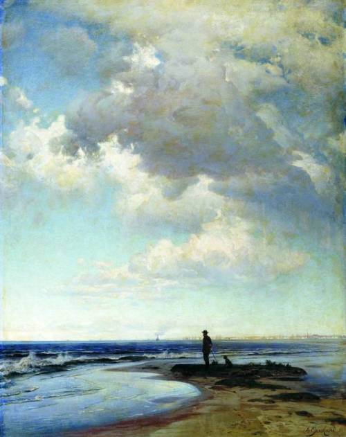 Volodymyr Orlovsky — At the Seashore, 1884.  Painting: oil on canvas.RealismCloudsCoast