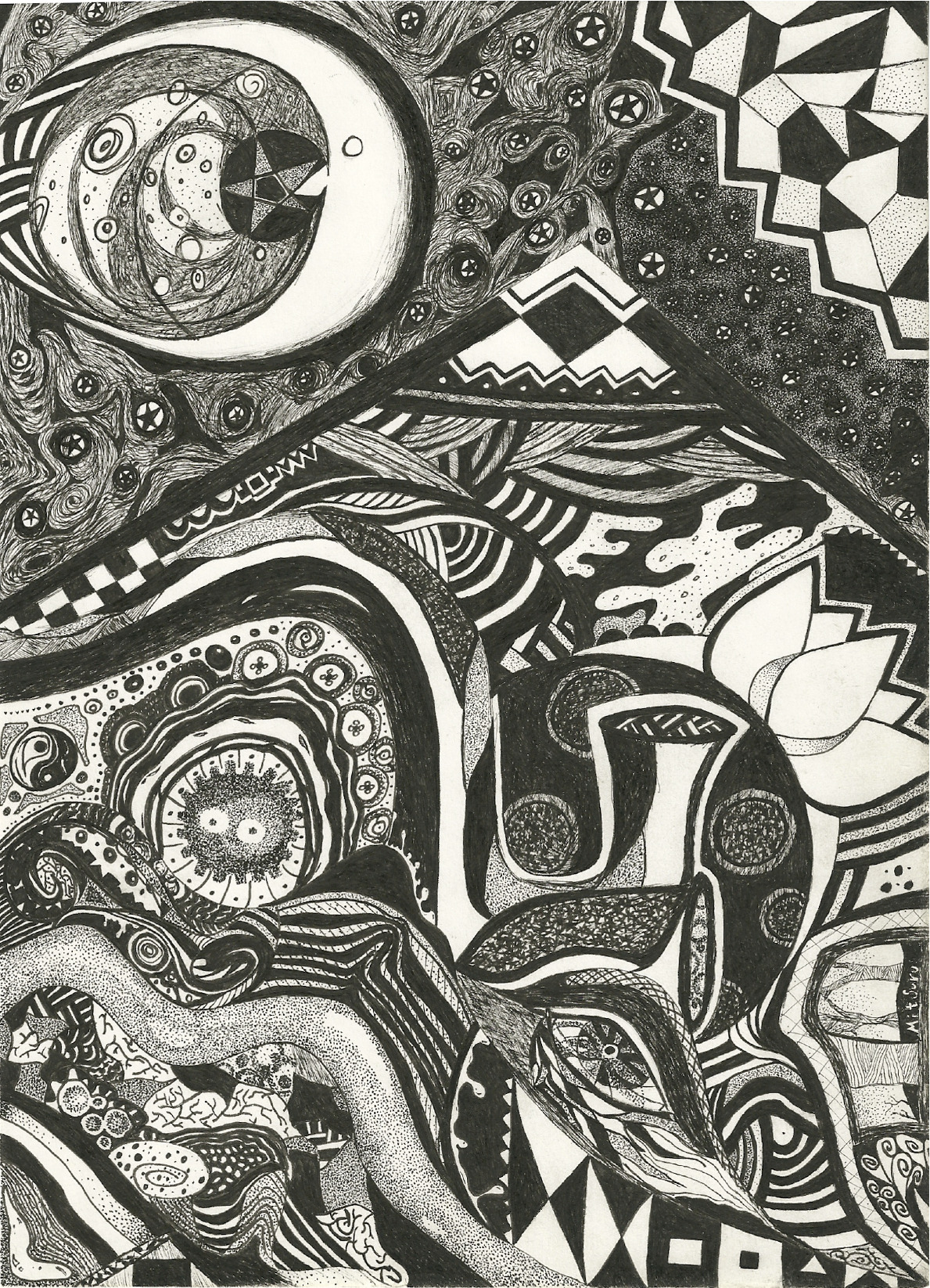 “Harmonic Chaos”
.005mm ink pen drawing.
By Jesse Valenzuela
my blog: http://phthalowolf.tumblr.com/