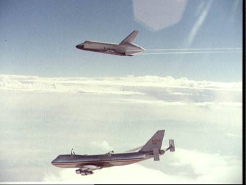 The Shuttle Orbiter 101 &ldquo;Enterprise&rdquo; soars above the NASA 747 carrier aircraft after sep