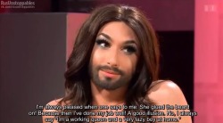 hatpire:thefabulousconchitawurst:xSince Eurovision last year I’ve seen a ton of people confusing Conchita as a beacon of transgender pride and it’s always irked me. She isn’t transgender and has never claimed as such, as the image set here shows.