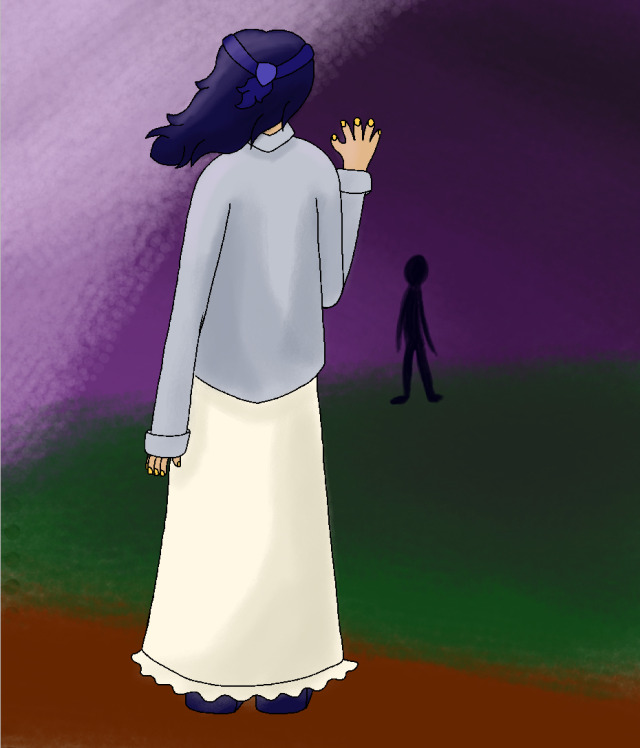 a drawing of honoka from precure waving towards a shadow. she is in a jacket and dress, and thr background is a night scene.