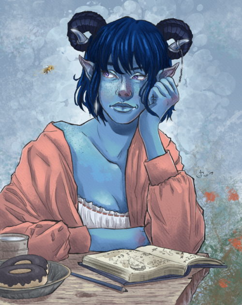 sevenredrobes: vortexqueen: Jester. Critical Role. 2019 [ID: A drawing of Jester sitting at a table,