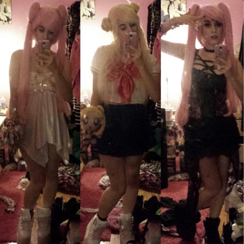 Shitty outfits I made with stuff I already had of Chibiusa, Usagi, Dark/Wicked Lady. Which one should I wear to Kandieland though? Also I would wear them with stacks, not what’s in the picture & sorry for the bad lighting.