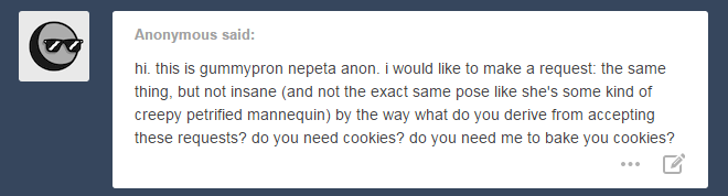 fatmanass:  or somethin’ Bake 1000 cookies and give them to poor people 