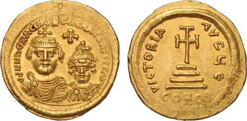 artofthedarkages:A Byzantine solidus with diademed busts of the emperor Heraclius and his son Consta