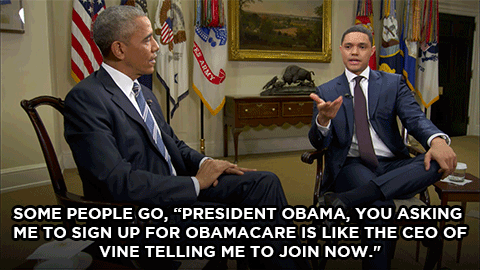 For the caption on gif stack: Trevor and President Obama discuss Obamacare.►Full interview