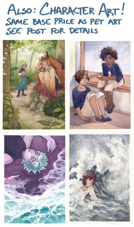 penstab:Hello hello! I am taking watercolor commissions for pet and character portraits! As of now t