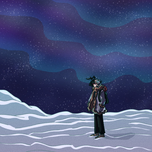 plantmayo:Victor can see some pretty lights in the arctic, as a treat[ID an illustration of Victor F