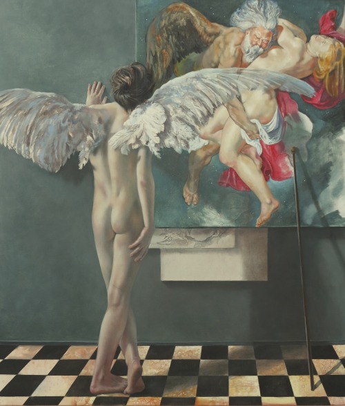 hildegardavon:  Henning von Gierke[Boreas abducting Oreithyia] Atelierbild Rubens, Engel, 2016, oil on canvas, 140x120 cm Website