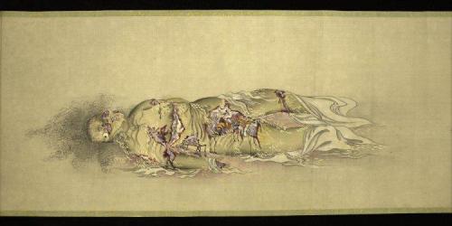 iheartmyart:  Kobayashi Eitaku, Japanese silk handscroll. Circa 1887. “The scroll shows the stages of decompostion of womans body, beginning with her fully clothed body and ending with her bones being eaten by dogs. The subject is an ancient Buddhist
