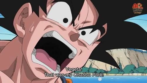 duvete:    yum!  VEGETA’S FACE.   I don’t think Goku’s very sorry.  OMG VEGETA WAOUHAGUAUh;dsuaga;uhga;uga DYING.               