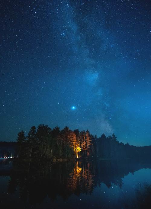  Saturn, Jupiter and the Milky Way over Mew Lake campfires. Algonquin Provincial Park - Ontario, Can