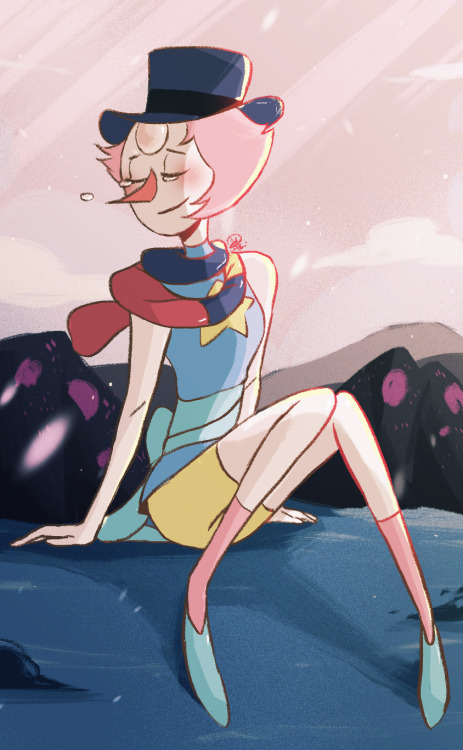 yuupeei:  【Pearl】 思念玫瑰的珍珠。 小捲毛逗它開心帶上了彩帶和帽子，覺得這身裝扮很可愛所以畫了 