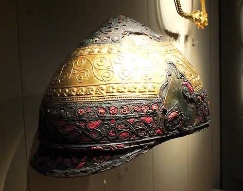 Celtic helmet of the 4th century BCE, made of bronze, iron, enamel, and gold; currently in the Louvr