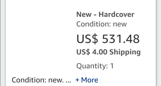 A cropped screencapture from Abe Books showing the price of a new hardcover of the same book as $531.48 plus $4 postage