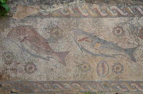 via-appia:Fish mosaics from the Roman ruins in Milreu, Portugal, 4th century