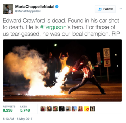 kingjaffejoffer:  A Ferguson protester featured in the iconic photograph taken during the demonstrations after the fatal police shooting of Michael Brown died Thursday night of a reported self-inflicted gunshot wound.Edward Crawford’s death was confirmed