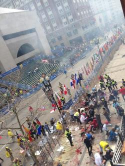 shortformblog:  theatlantic:  BREAKING: Explosion at the Boston Marathon Finish Line   Reuters is reporting that the headquarters at the Boston Marathon have been locked down after two explosions were reported near the finish line Monday afternoon,